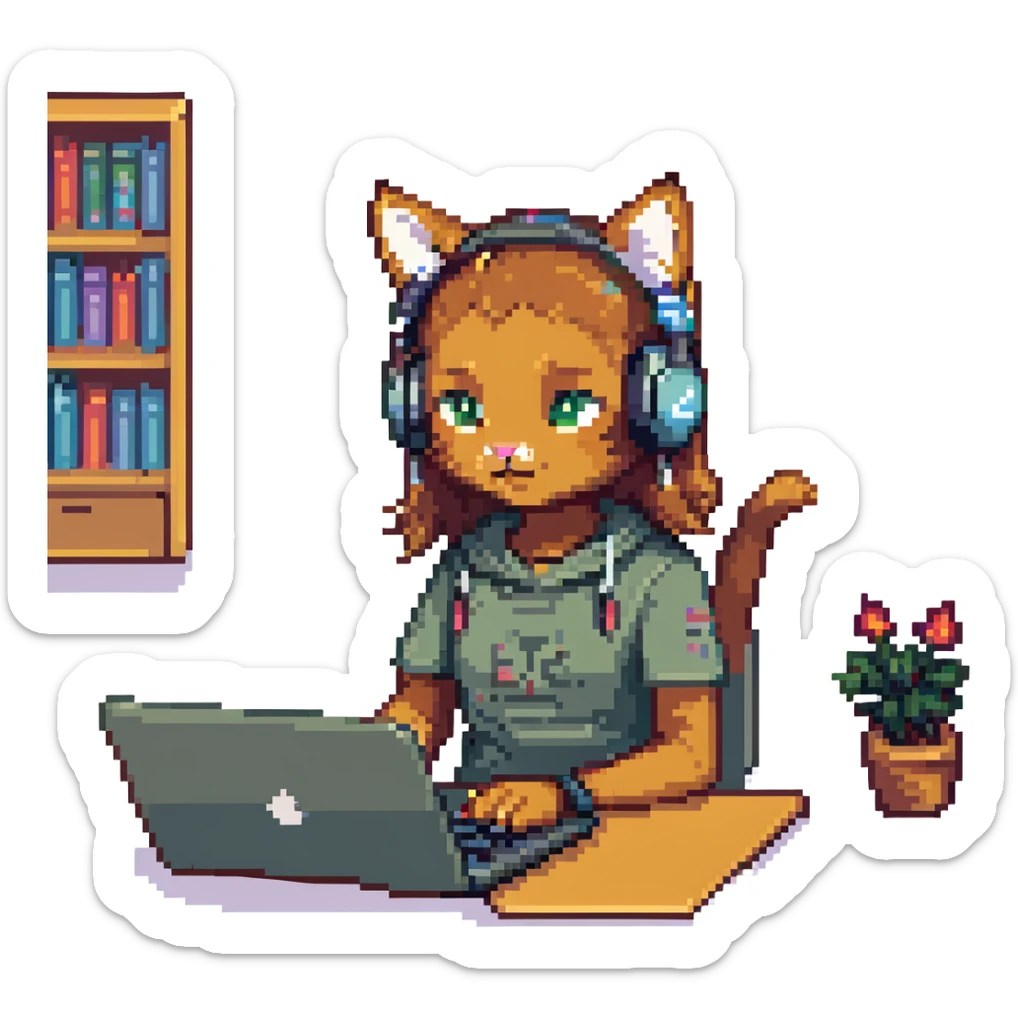 girl with light brown skin and cat headphones, working on a laptop pixel art sticker