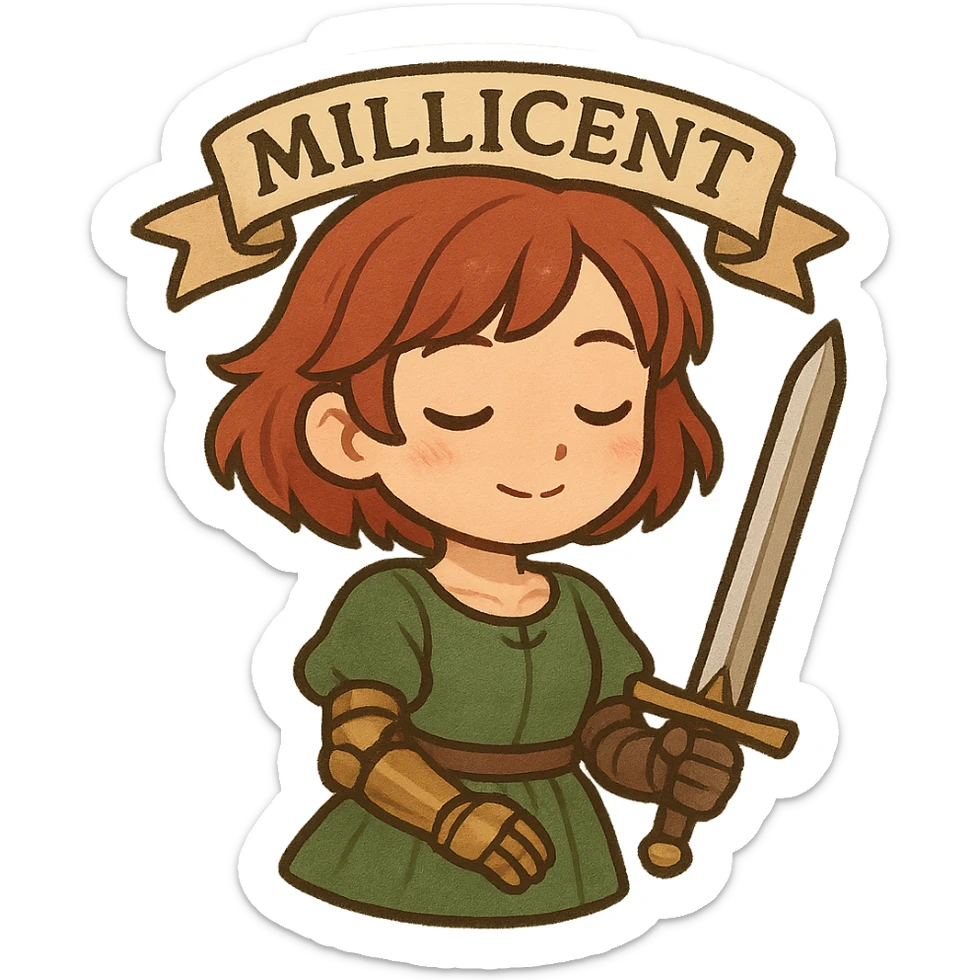 Millicent, chibi style, young woman with short red hair, green dress, prosthetic arm, holding a sword, gentle and determined expression, fantasy vibe, cute and brave sticker