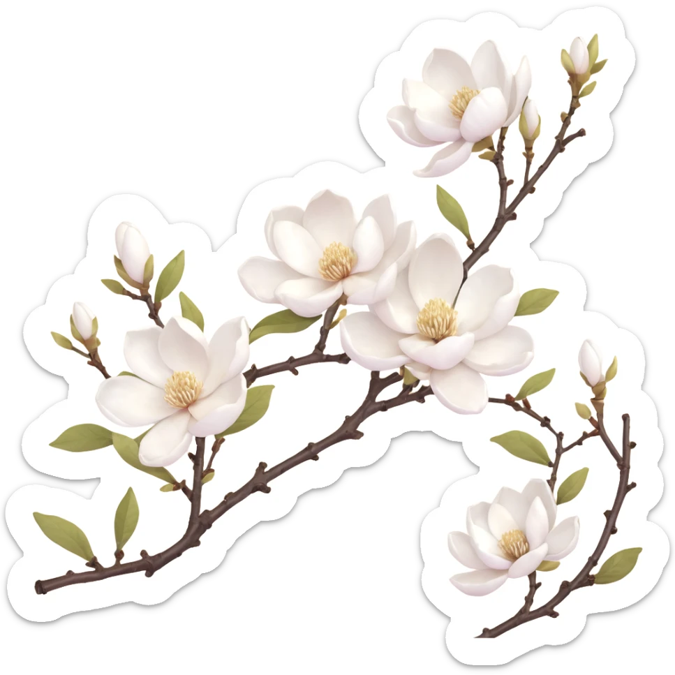Traditional Japanese Magnolia kobus (kobushi) blossom with sumi-e brush stroke style, delicate white flowers on bare branch, zen aesthetic with subtle ink wash background sticker