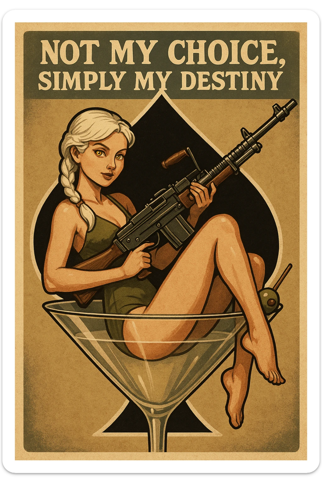 a retro military pinup " not my choice, simply my destiny "
; female figure young,gorgeous, white hair 1 braid, gold yellow eyes, sitting in a martini glass with a massive LMG in a swimsuit in front of a large 'spade' that frames the design sticker