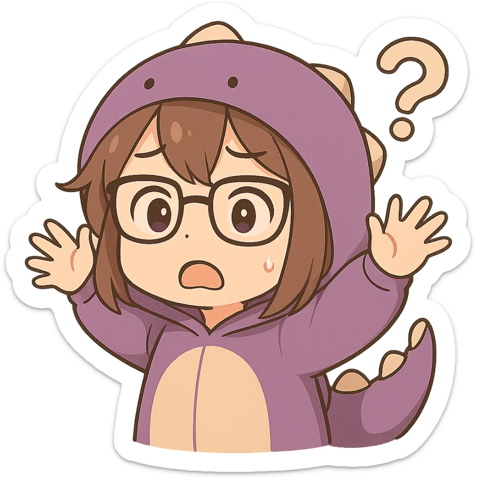 Chibi anime style gamer girl with glasses, brown hair, dark purple eyes, wearing a purple dinosaur costume, new pose with arms up in excitement, making a confused expression, no controller, no background, same style as reference. sticker