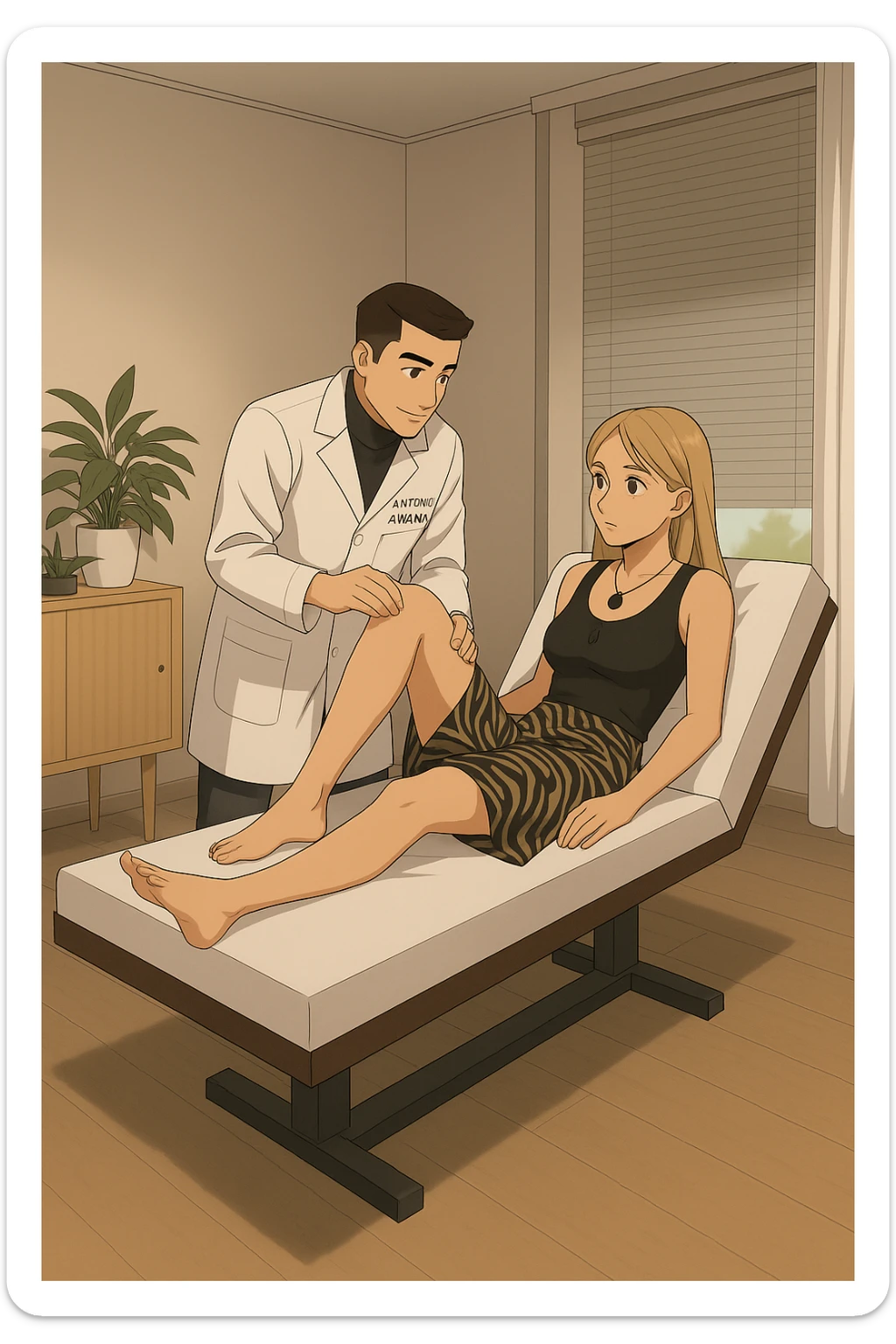 fai un webtoon/manga a colori con questo kinesiologo in camice bianco (fagli la scritta "ANTONIO ANANIA" SUL CAMICE) CHE SVOLGE UN TEST NEUROMUSCOLARE SOLLEVANDO UNA GAMBA ALLA RAGAZZA CHE è STESA SU UN LETTINO BIANCO. STANZA SEMPLICE E MODERNA, DURANTE IL TEST I DUE DIALOGANO TRA LORO. NON FARE I FUMETTI, FAI SOLO LORO COME SE DIALOGASSERO sticker