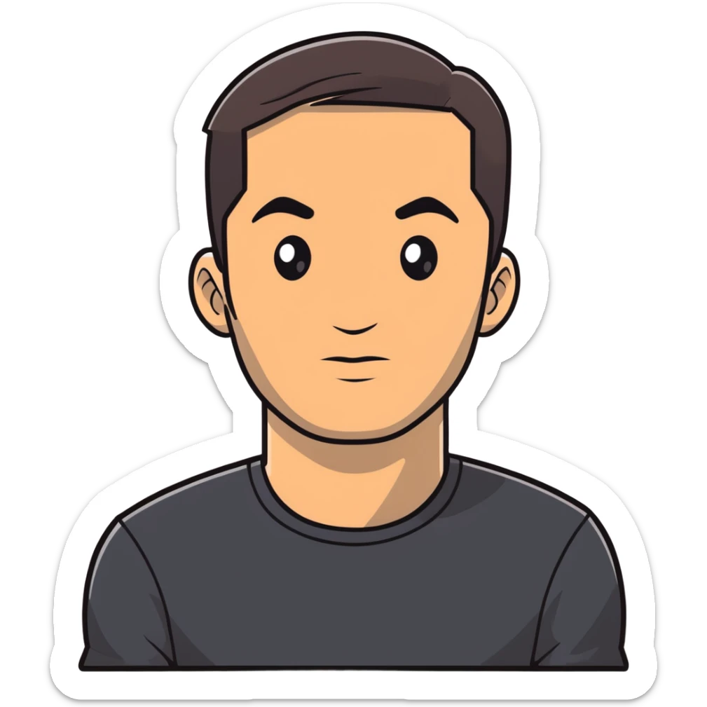 Attractive man in his 40s with youthful appearance, light brown skin, elongated face, defined jawline, medium dark eyes, arched eyebrows, straight nose, handsome friendly expression, short dark hair styled upward, athletic build, wearing a fitted black t-shirt sticker