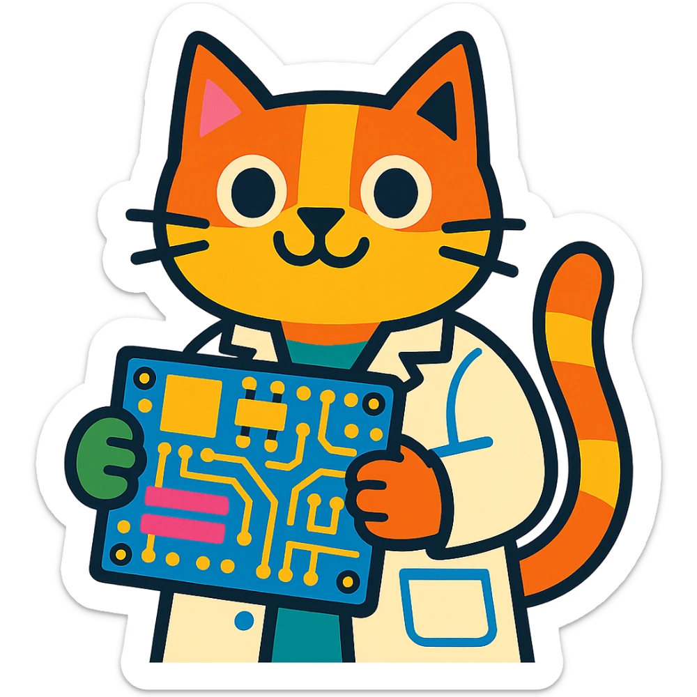 playful and colorful cat in a lab coat holding a circuit board sticker