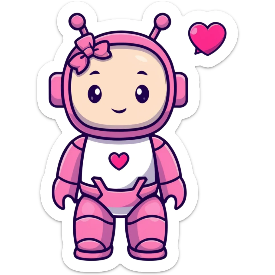 adorable pink robot girl with a hair bow and heart patterns sticker