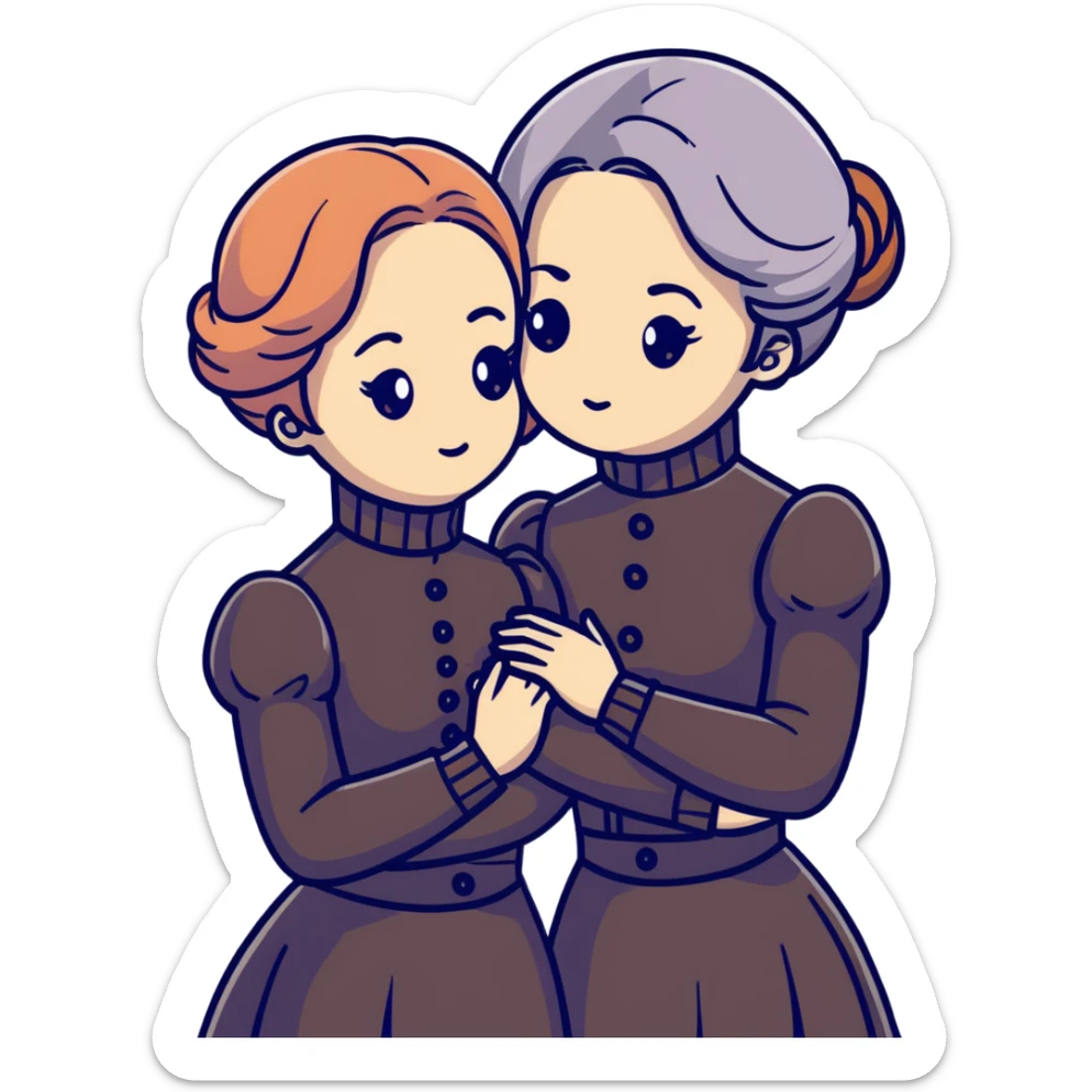 Two Victorian women in a sad intimate hug, one with white coiffed hair and one with copper coiffed hair, both with grey eyes, wearing Victorian turtleneck dresses sticker