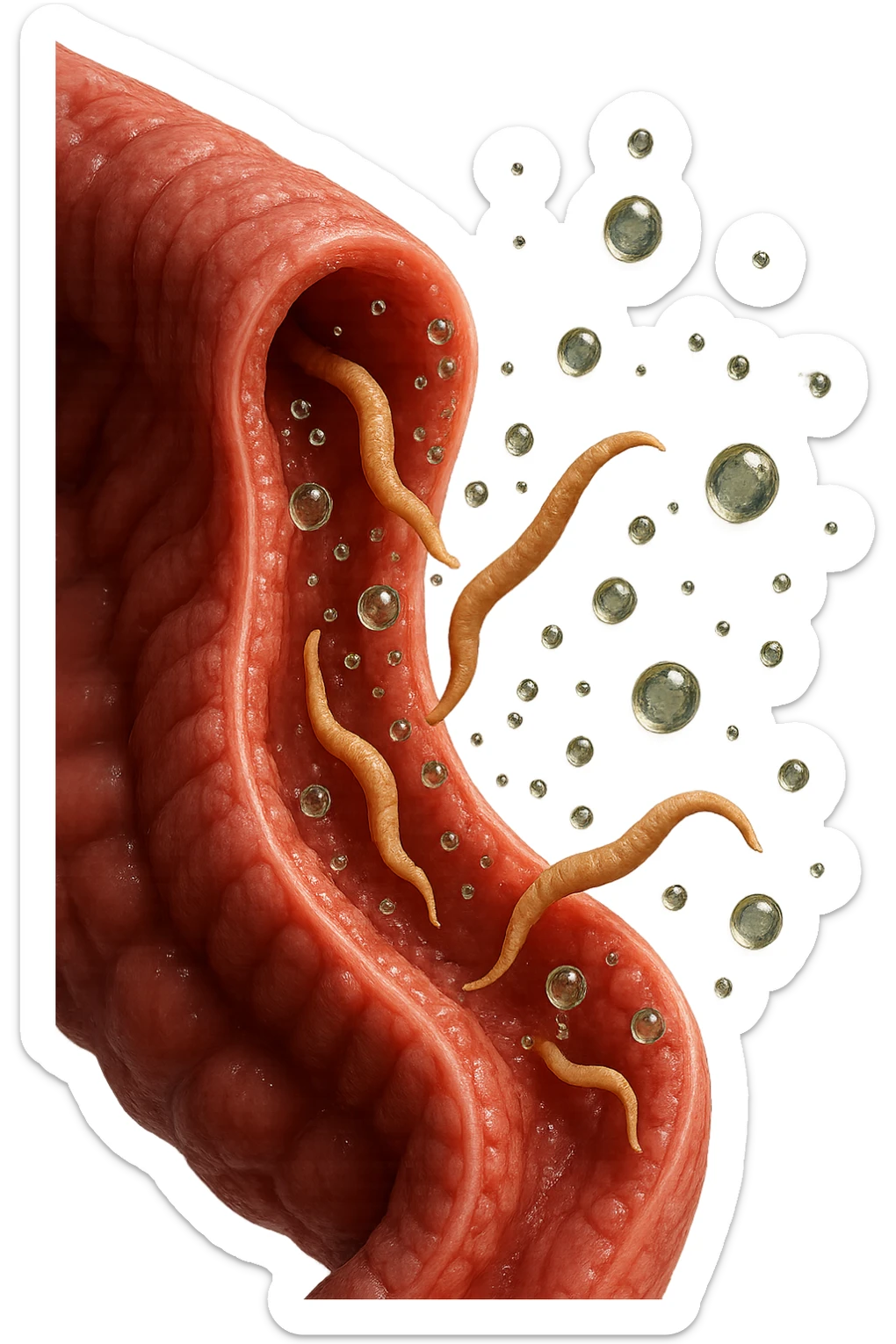 Realistic medical image of microscopic parasites leaving the intestines after taking natural kinesiological drops, symbolizing detox and cleansing. sticker