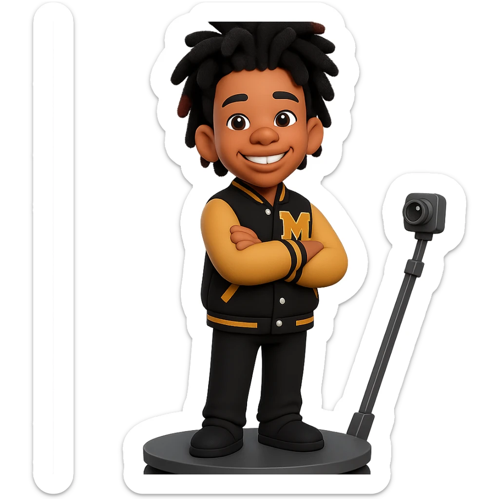 Create a 3D cartoon style emoji of the person in the reference photo. Capture his hairstyle and facial features accurately. He is wearing the same letterman jacket with an M on it, arms crossed and smiling. He is standing on a 360 photobooth platform with a rotating camera arm visible. Keep the background transparent. sticker