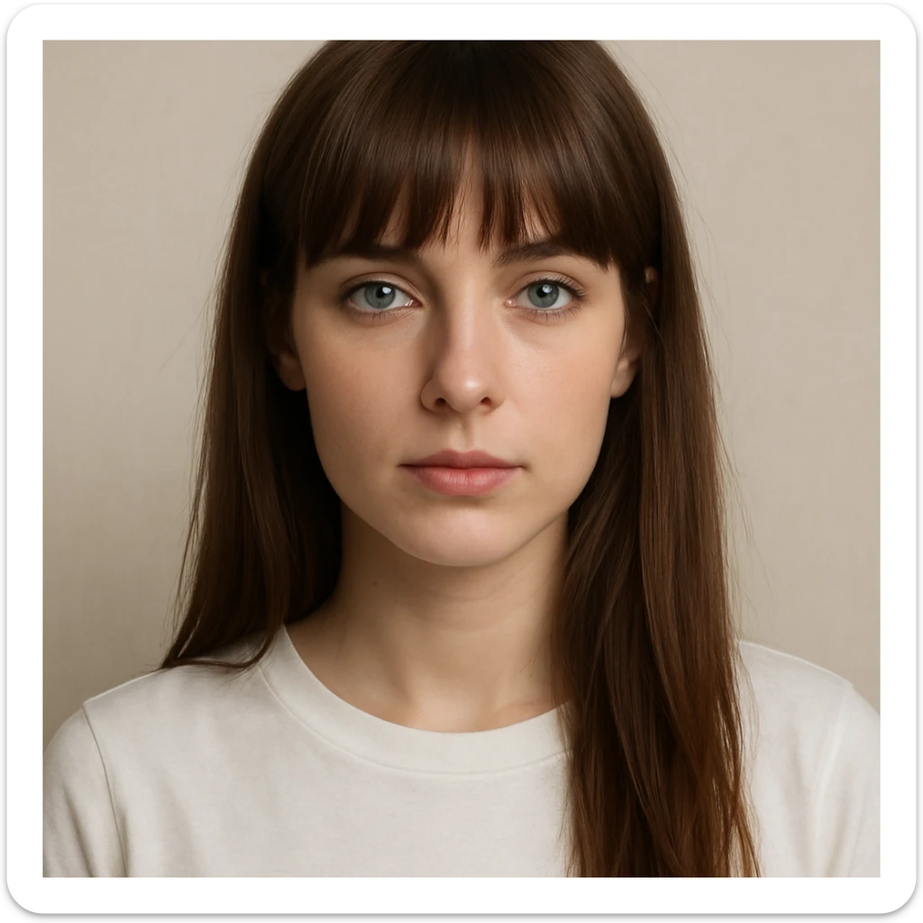 white woman, long straight brown hair with bangs, blue-grey eyes, white shirt, simple background, digital art sticker