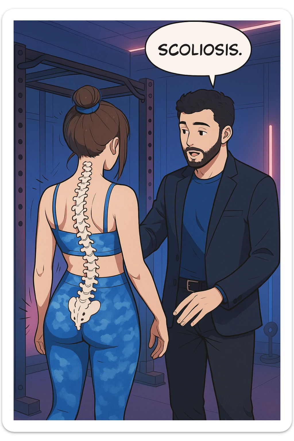 fai questa immagine in versione manga/webtoon a colori, il manga mostra la donna di spalle, mentre l'uomo le tocca la spina dorsale per spiegarle come funziona la scoliosi:
Con una scoliosi il baricentro corporeo cade maggiormente da un lato; per non cadere la schiena compensa accumulando tensione sul fianco opposto.
Il risultato? Si inclina e ruota sempre più, fino a che non cede (discopatie, artrosi, ecc) sticker