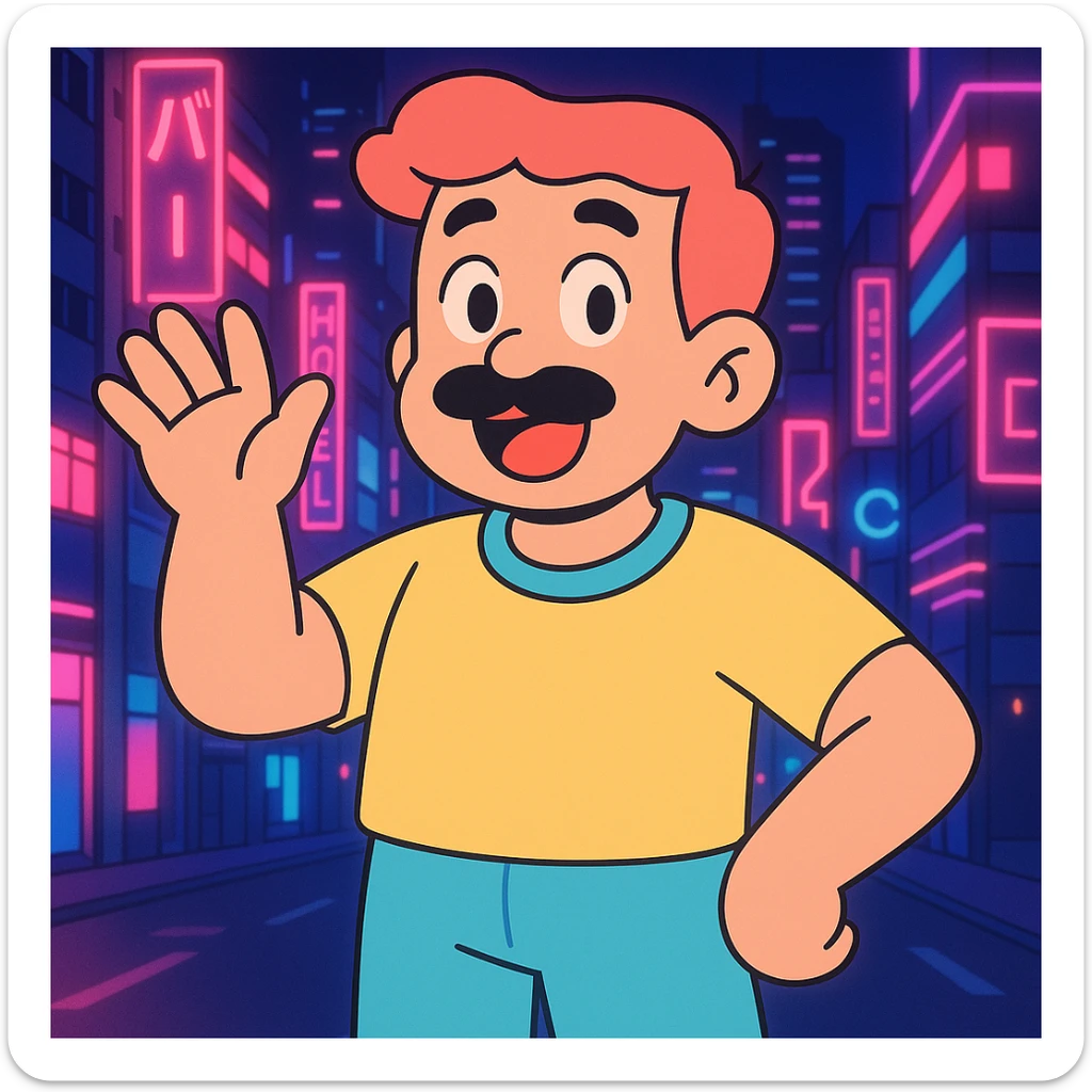 Add a neon city background, keep the 90's anime style and all original colors and lighting sticker