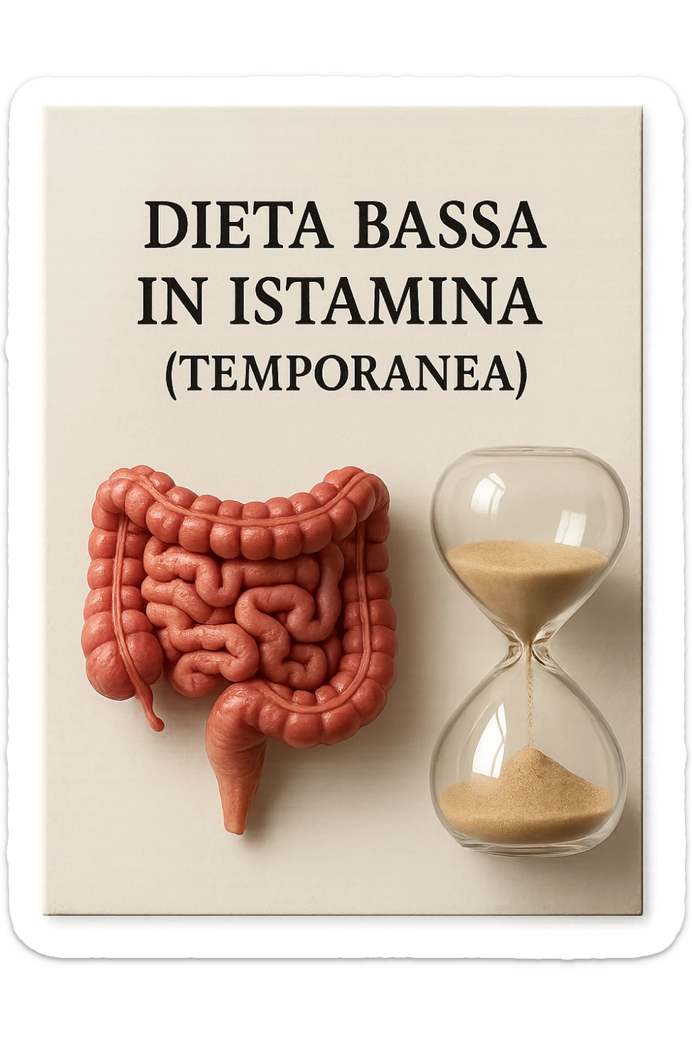 foglio di carta di una dieta con la scritta "DIETA BASSA IN ISTAMINA (TEMPORANEA), E ACCANTO CI METTI UN INTESTINO IN MINIATURA E UNA CLESSIDRA, iperrealistico 4k sticker