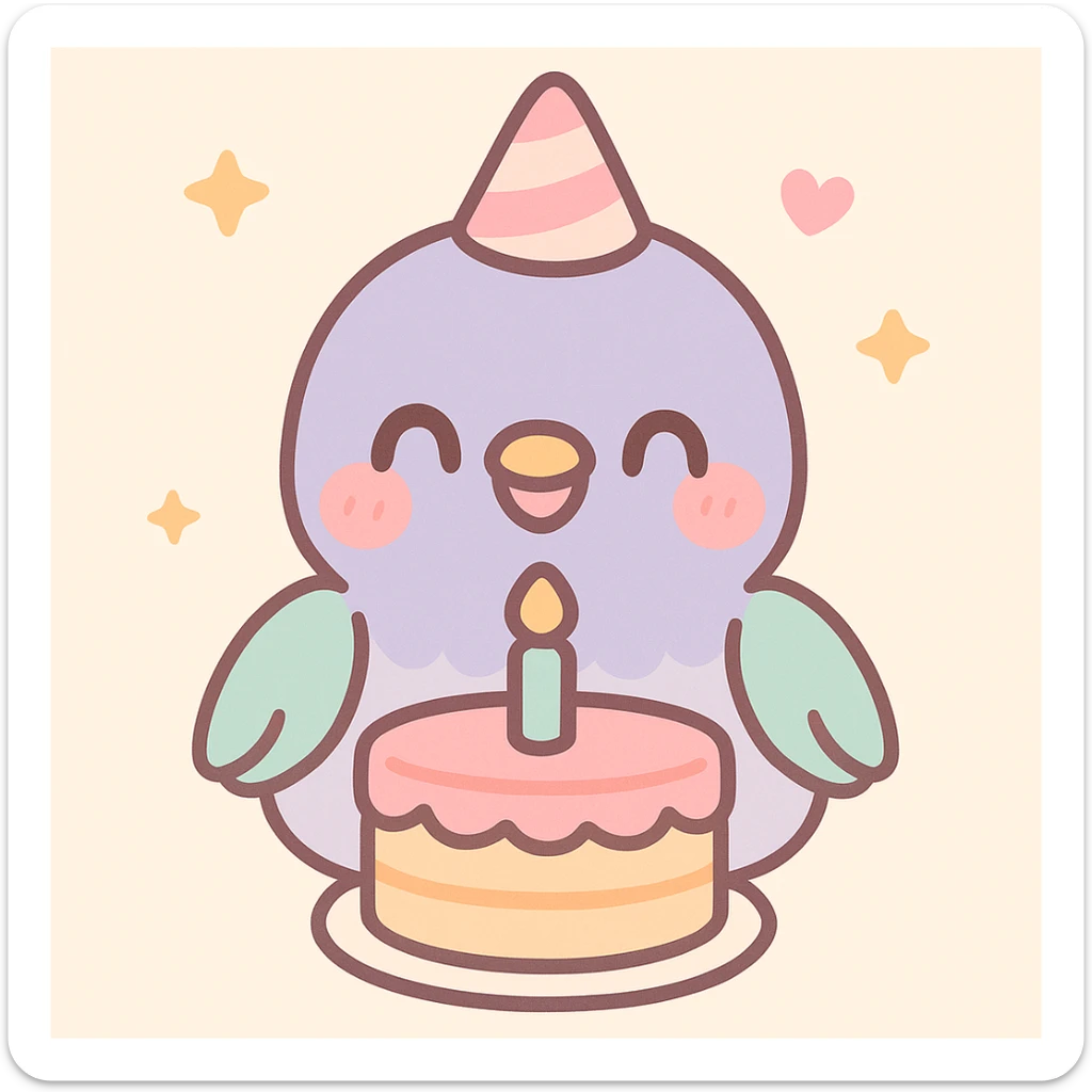 happy baby pigeon smiling brightly in front of birthday cake, warm and cute feeling, soft pastel colors sticker
