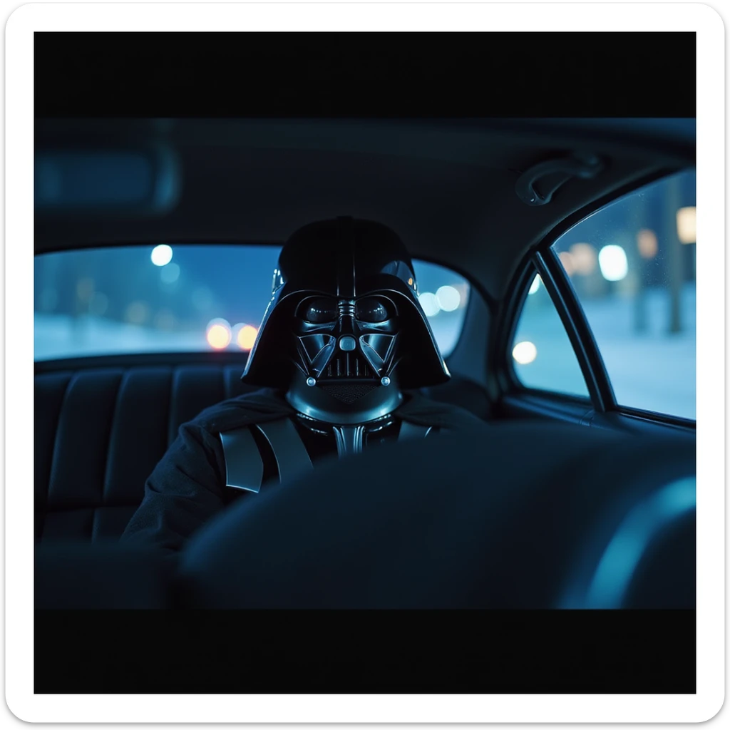 Cinematic shot of a Darth vader sitting in porsche 911, blue and orange lights, full car shot sticker