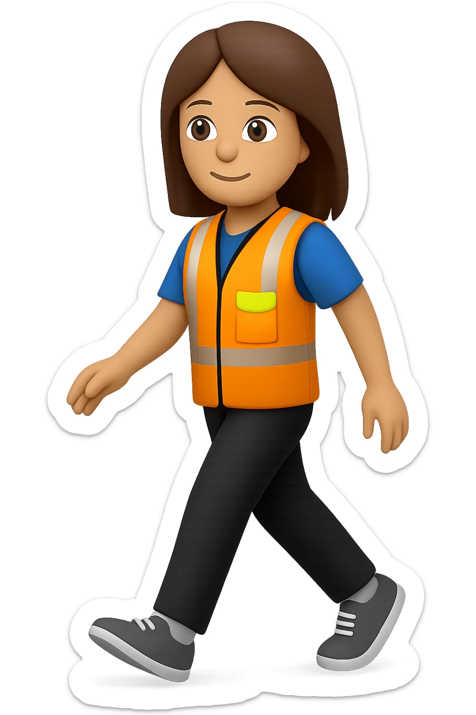 Edit the images to depict a full-body white female person walking, with shoulder-length brown hair, wearing a high-visibility vest, no hard hat, and trainers. The style should resemble apple style emojis with no background (transparent). sticker