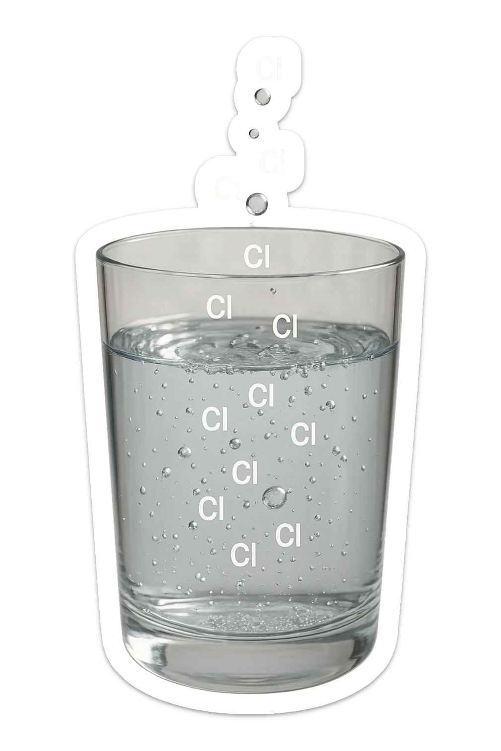 un bicchiere di acqua fluttua in aria realistico e dettagliato, dentro l'acqua del bicchiere ci sono particelle di cloro ben visibili con la scritta "Cl" sopra, ci sono particelle anche che escono dal bicchiere e fluttuano in aria verticalmente, mentre alcune sono all'interno dell'acqua nel bicchiere, iperrealistico 4k sticker