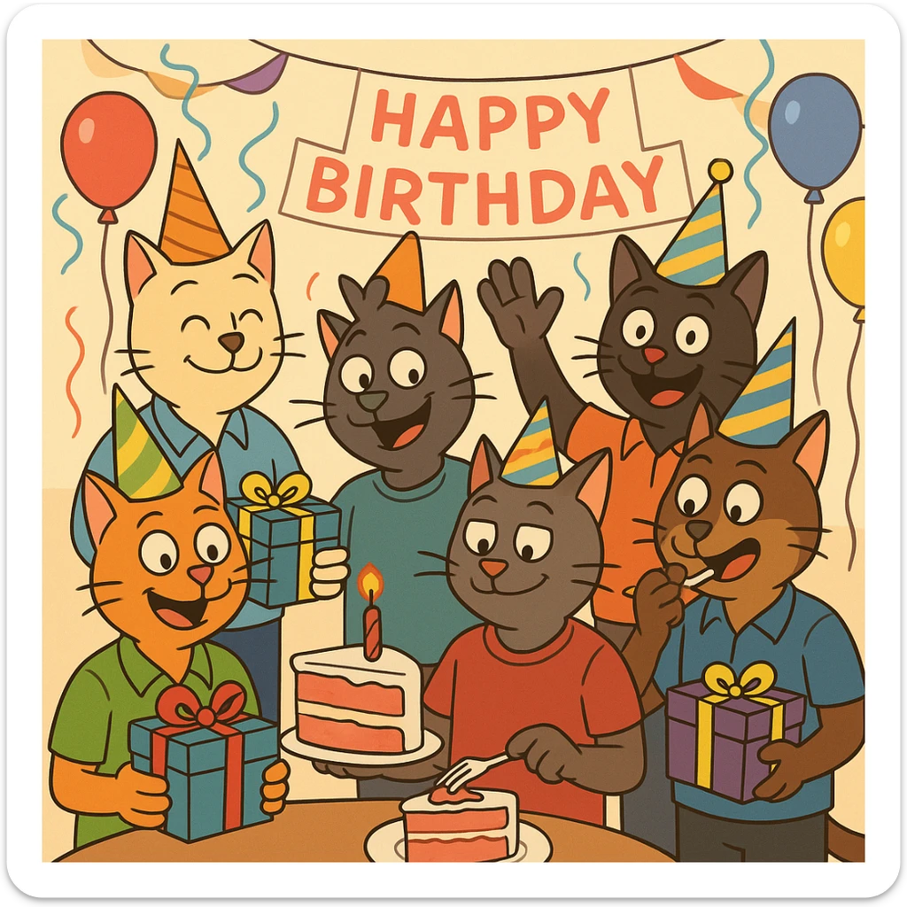 six guy cats at a birthday party, some holding gifts, some eating cake, festive decorations, cartoon style sticker