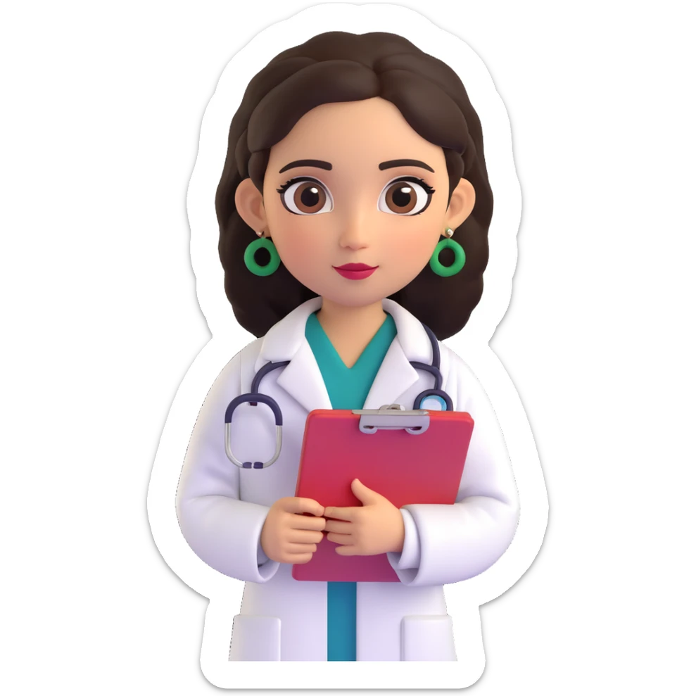 cute Mexican doctor girl, holding clipboard, wearing white coat, traditional Mexican earrings, big eyes, 3D cartoon style sticker