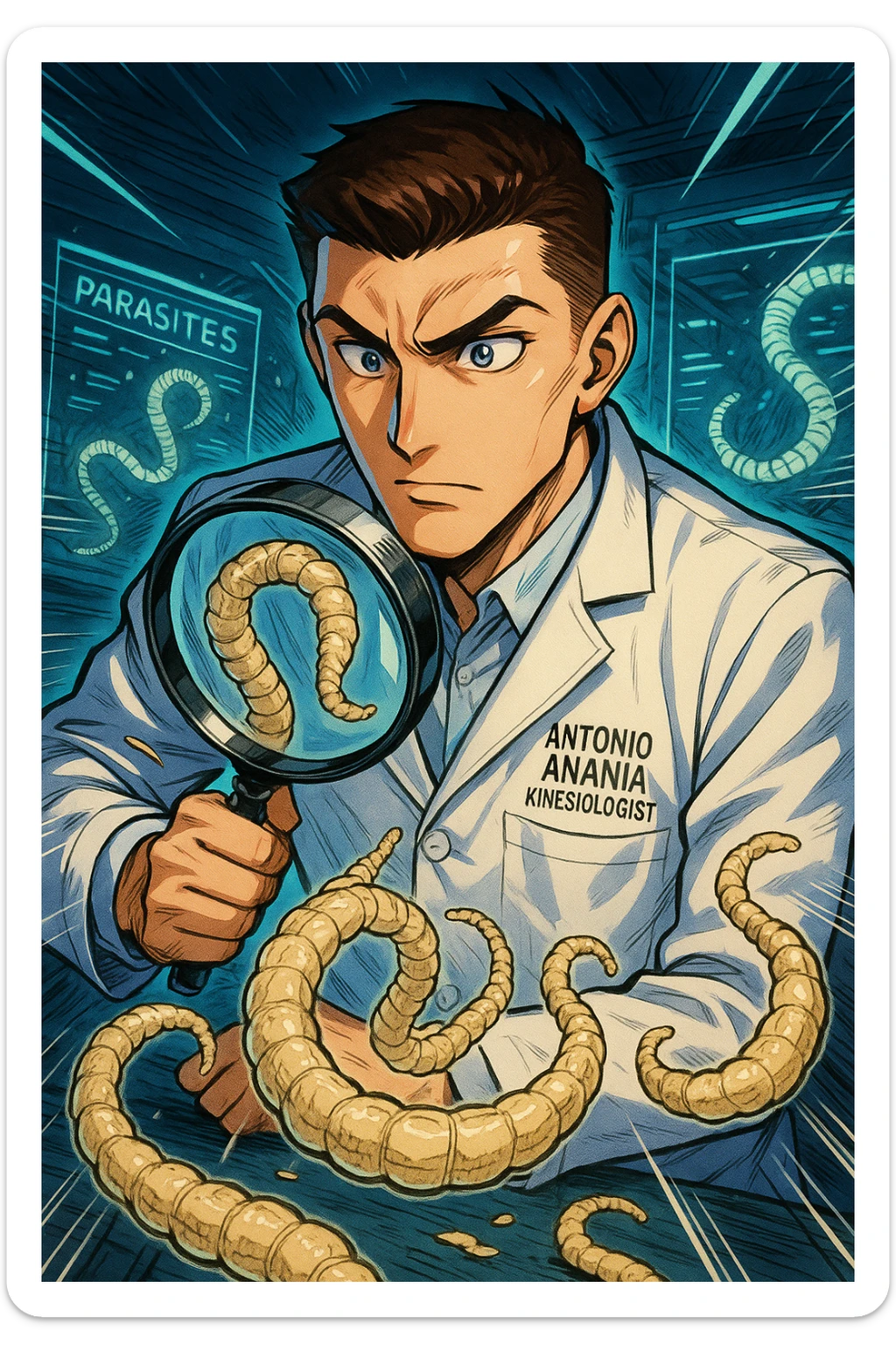 A dynamic manga/webtoon-style illustration of a young male kinesiologist wearing a clean white lab coat, analyzing light beige worms like a tapeworm under a magnifying glass. His expression is focused and slightly intrigued, with sharp, detailed eyes. The art style is vibrant, with bold linework, rich colors, and dramatic lighting. The background is a futuristic laboratory with glowing holographic screens displaying parasite data. The tapeworm is intricately drawn, slimy and segmented, with a slightly exaggerated yet realistic texture. The composition is dynamic, with motion lines or energy effects to emphasize his scientific investigation. The atmosphere is intense but not dark, keeping a balance between scientific seriousness and stylish manga aesthetics, he has "ANTONIO ANANIA" WRITTEN ON WHITE LAB COAT sticker