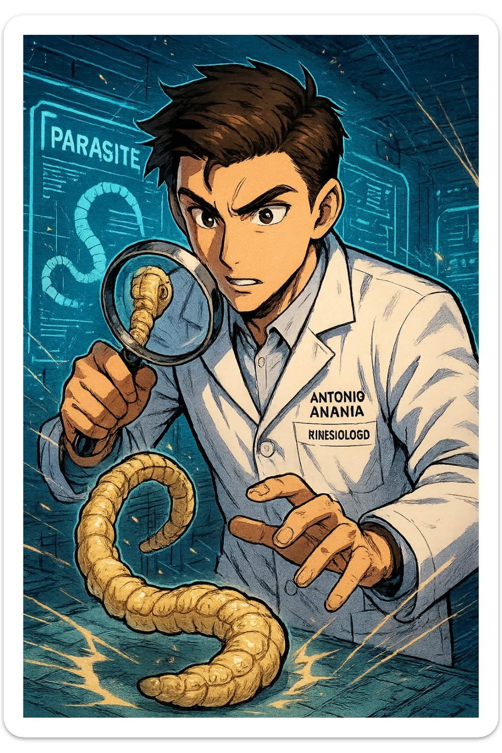 A dynamic manga/webtoon-style illustration of a young male kinesiologist wearing a clean white lab coat, analyzing light beige worms like a tapeworm under a magnifying glass. His expression is focused and slightly intrigued, with sharp, detailed eyes. The art style is vibrant, with bold linework, rich colors, and dramatic lighting. The background is a futuristic laboratory with glowing holographic screens displaying parasite data. The tapeworm is intricately drawn, slimy and segmented, with a slightly exaggerated yet realistic texture. The composition is dynamic, with motion lines or energy effects to emphasize his scientific investigation. The atmosphere is intense but not dark, keeping a balance between scientific seriousness and stylish manga aesthetics, he has "ANTONIO ANANIA" WRITTEN ON WHITE LAB COAT sticker