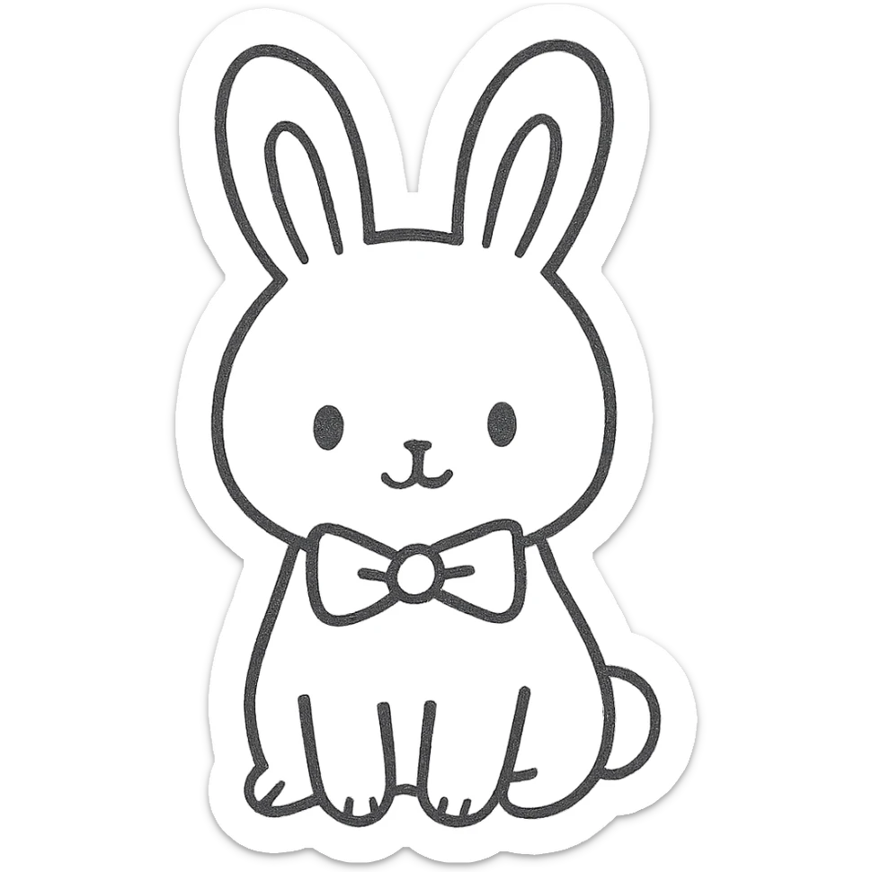 hand-drawn outlined sketch of a cute bunny with a bow tie, no color, simple lines, icon style sticker