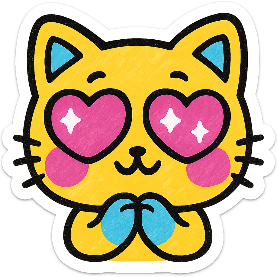 cute chibi cat close-up, sparkling heart eyes, pastel colors, die-cut sticker, white background, minimal vector illustration sticker
