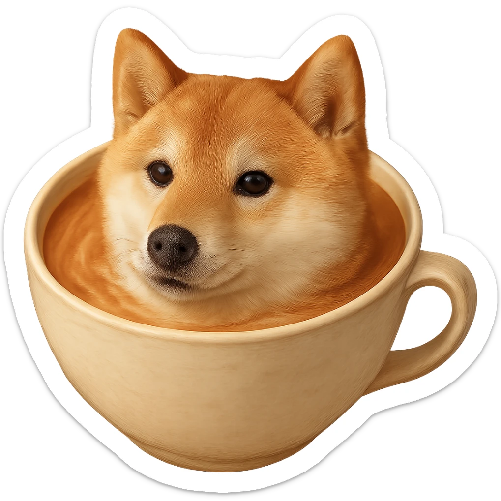 Make the dog in the latte art a Shiba Inu with realistic texture, gentle lighting, and pastel colors. Keep the style realistic and maintain no background as requested. sticker