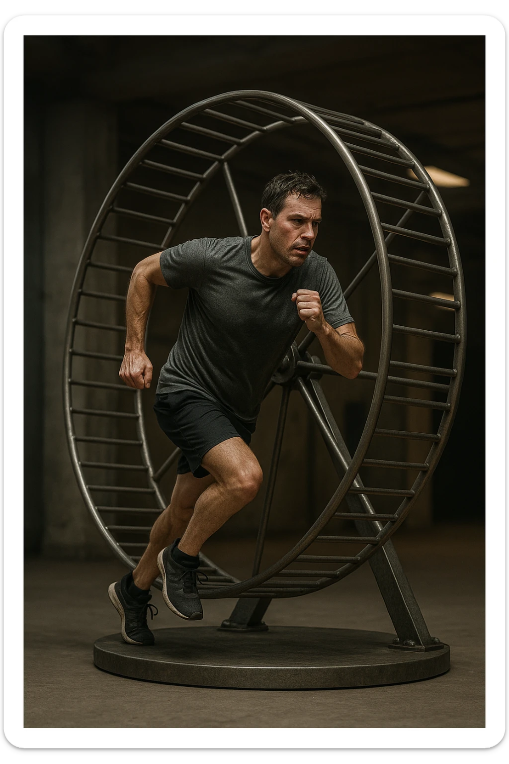 uomo che corre dentro la ruota del criceto come un circolo vizioso immagine realistica sticker