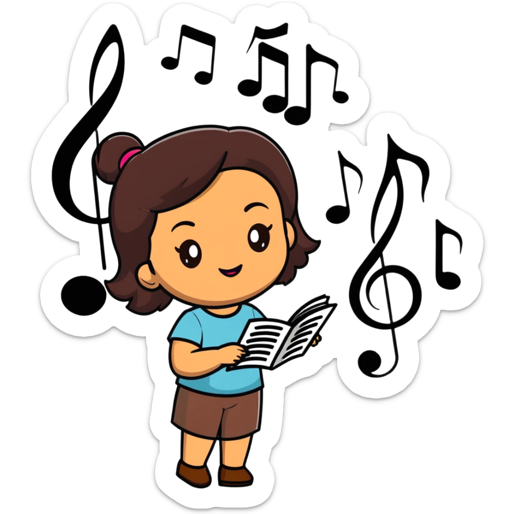 serene morena woman with oval face, warm brown skin, straight dark brown hair, thick eyebrows, almond-shaped dark brown eyes, full lips, gentle smile, surrounded by floating musical notes, treble clefs, sound waves, dreamy colorful style, sticker-like white outline sticker