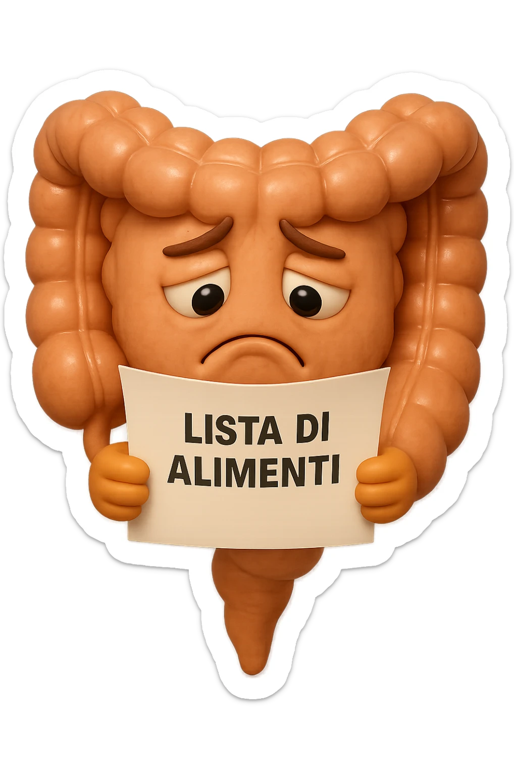 EMOJI STILE IPHONE DI UN INTESTINO CHE LEGGE UN FOGLIO CON LA SCRITTA "lista di alimenti" ed espressione triste in volto, IPERREALISTICO 4K sticker