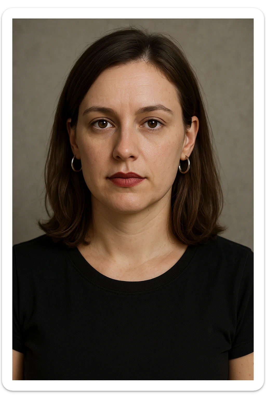 30 year old white woman with shoulder-length hair and brown eyes, left side of her hair tucked behind her ear, wearing lipstick and hoop earrings, neutral expression, upper body portrait sticker