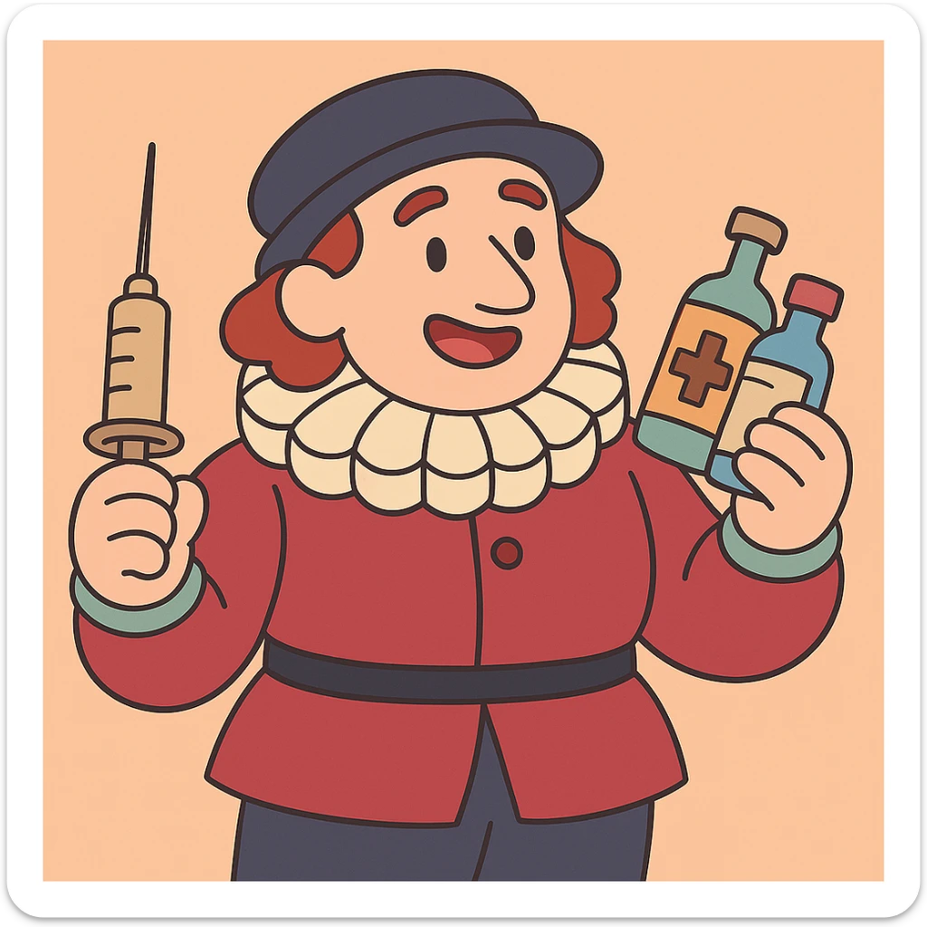 Tudor doctor holding medicine bottles and medical equipment in pastel toon cartoon style, soft colors, gentle shading, smooth gradients, calm and friendly expression sticker