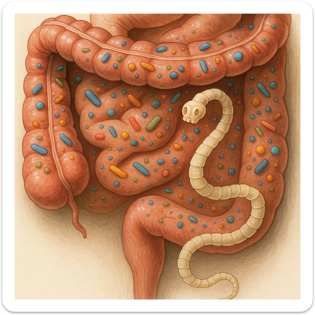 a medical illustration of a human realistic gut with bacteria and parasyte (tenia) sticker