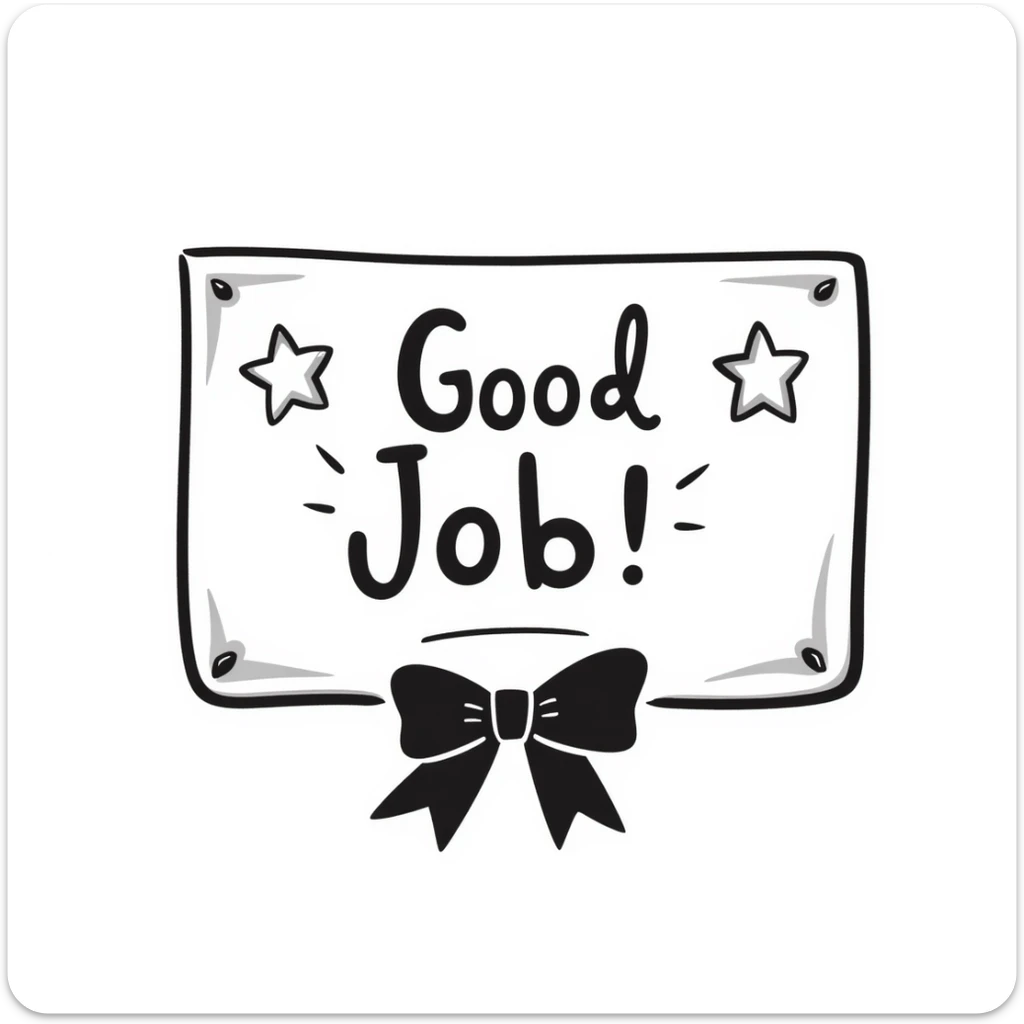 Award certificate with ribbon, "Good Job!" text, and shining stars in the corners sticker