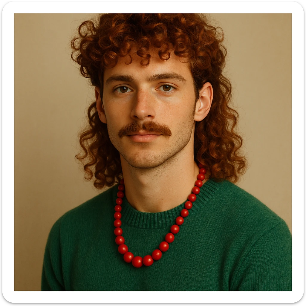 attractive man with red curly hair, curly mullet, and mustache, wearing a green sweater and a red necklace, in a visually appealing style sticker