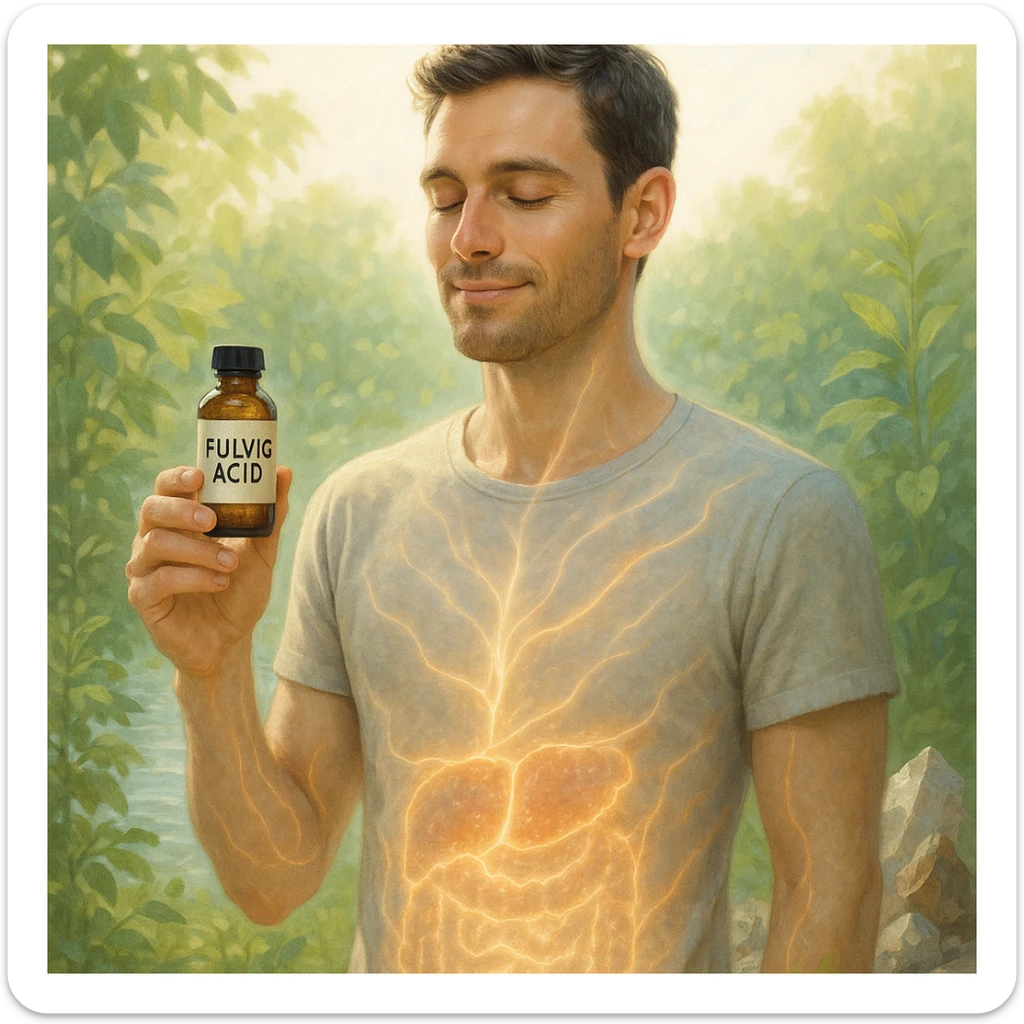 health-conscious man holding a small bottle labeled 'fulvic acid' in a bright natural setting, calm and rejuvenated expression, soft glowing light or translucent energy flowing through his body especially around gut liver and skin, background with nature elements like plants clean water minerals conveying purification and detox, clean wellness aesthetic, semi-realistic, soft light, holistic and rejuvenating atmosphere, 4K sticker