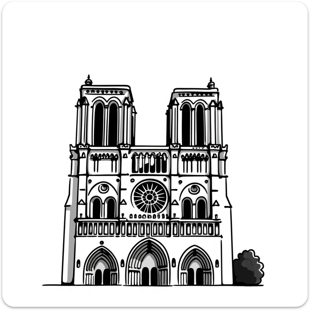 Notre Dame Cathedral in Paris with detailed Gothic architecture, spire, and rose window sticker