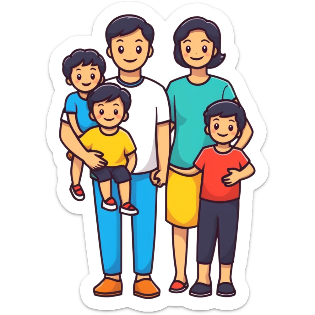 happy family: father, mother, two children, all smiling, bright colors sticker