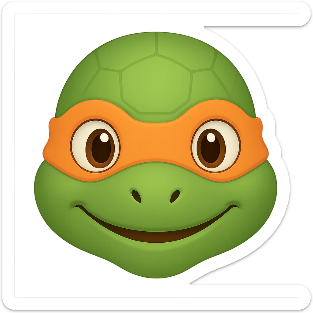 Donatello from Teenage Mutant Ninja Turtles, emoji style, head only, cute minimalistic style, with an orange bandana sticker