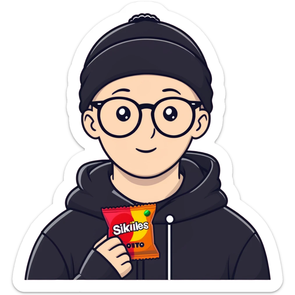 bald white guy with glasses, wearing a black beanie, black hoodie, eating skittles, rainbkw sticker