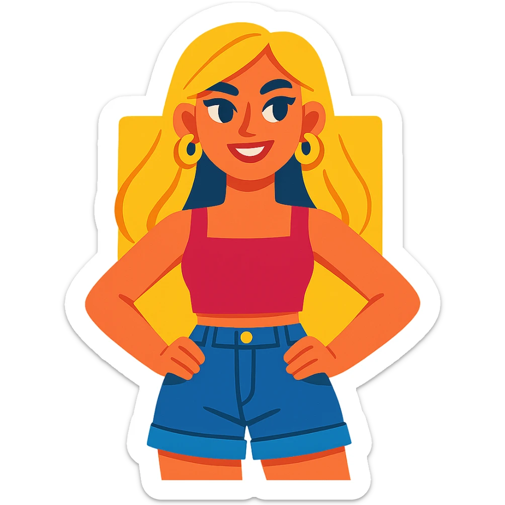 fashionable girl with blonde hair, gold earrings, a crop top, and denim shorts, standing confidently, vibrant toon style, colorful, cheerful sticker