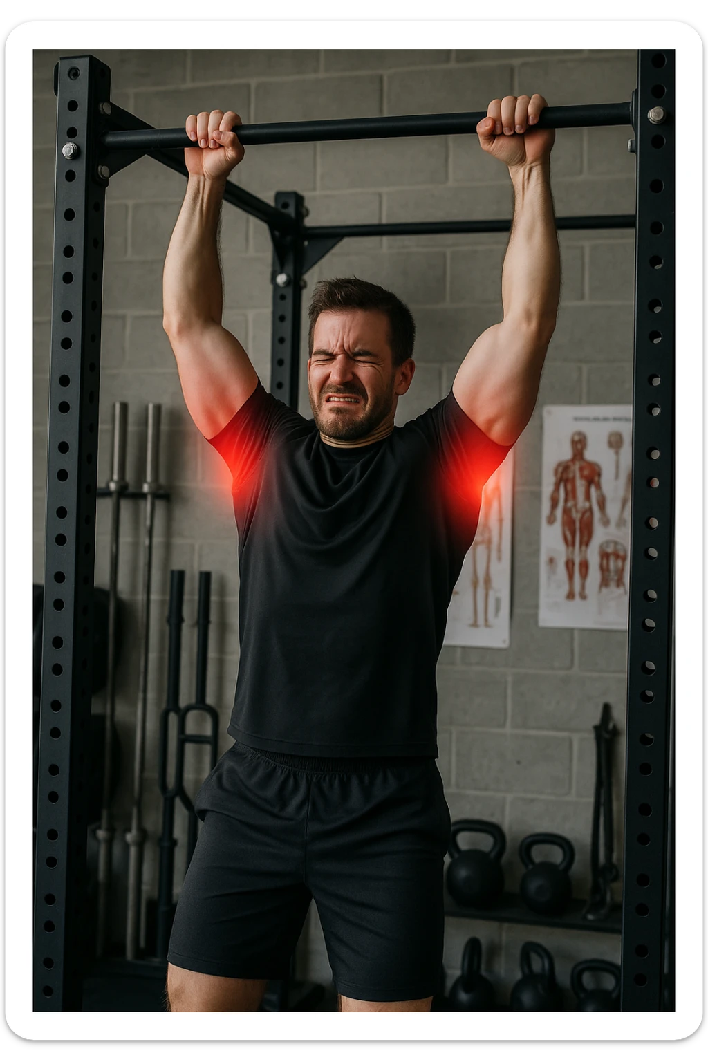 a man in athletic wear esegue una trazione alla sbarra in palestra. I suoi gomiti sono evidenziati con un alone rosso acceso o un effetto glow, indicando infiammazione. Un’espressione di dolore è visibile sul suo volto. Sullo sfondo, attrezzi da palestra e poster anatomici. L’atmosfera è educativa e realistica. sticker