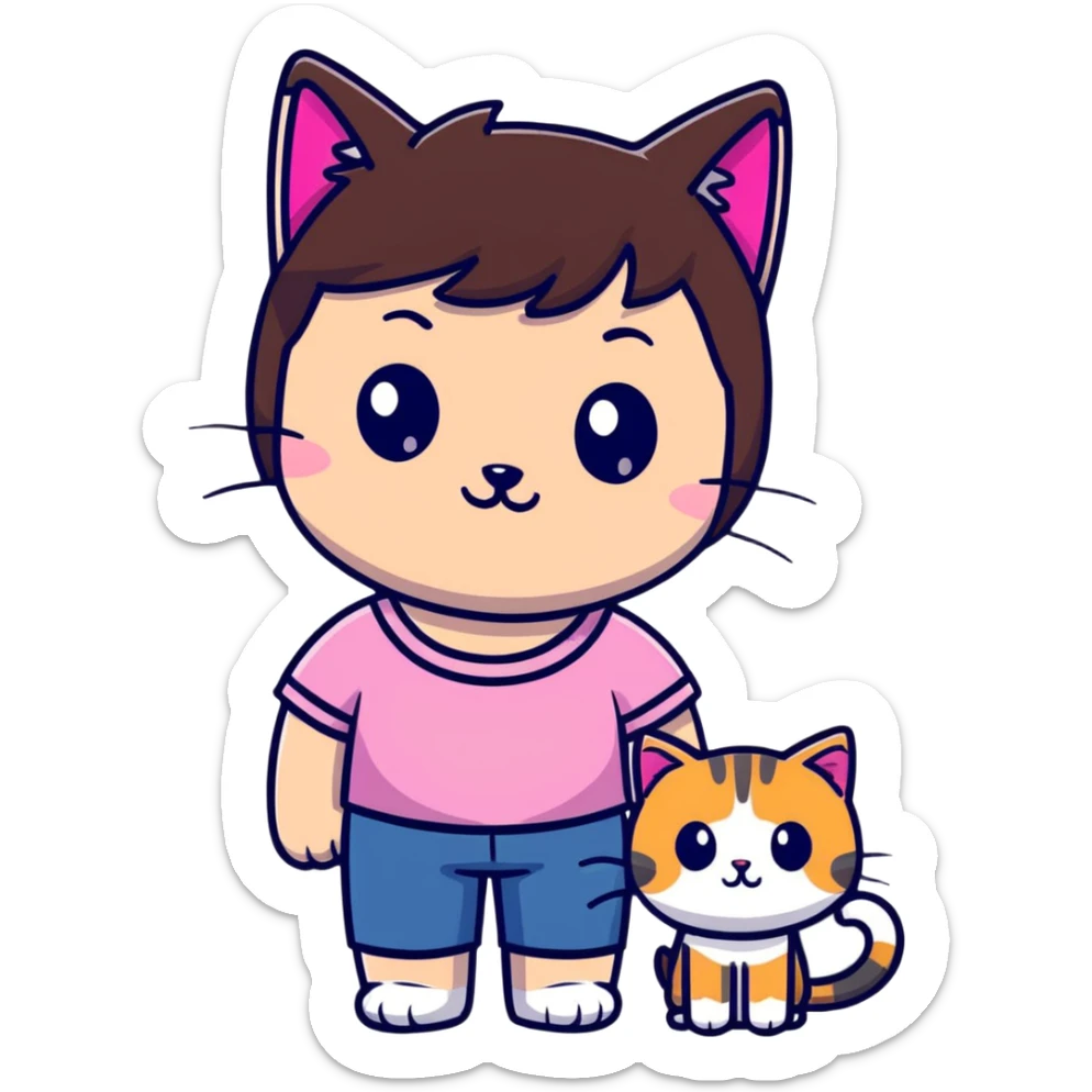 character with dark brown hair clipped back with a hairpin, sweet eyes, pink top, holding a cat sticker