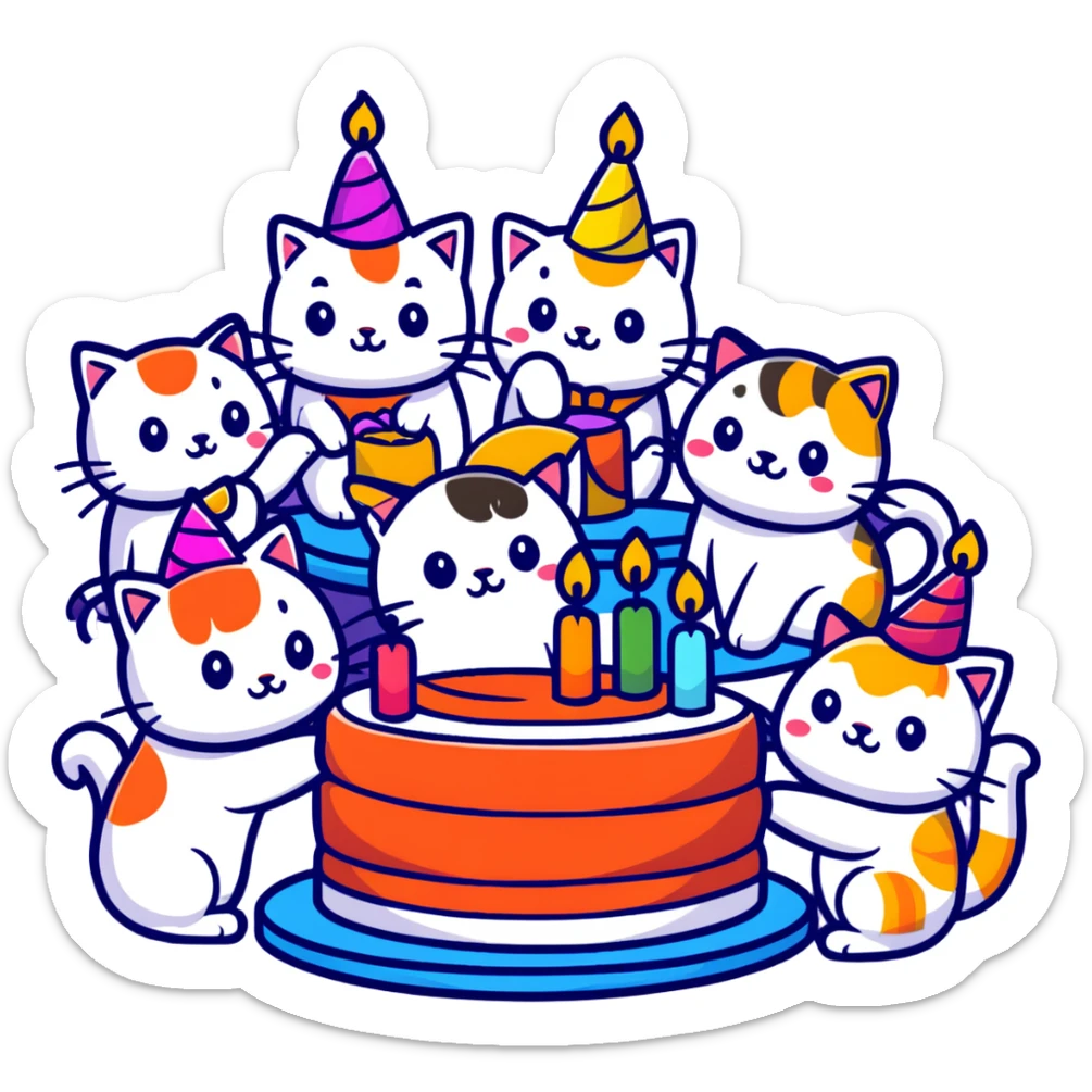 six happy cats wearing colorful party hats celebrating a birthday party around a festive cake made entirely of sushi with candles sticker