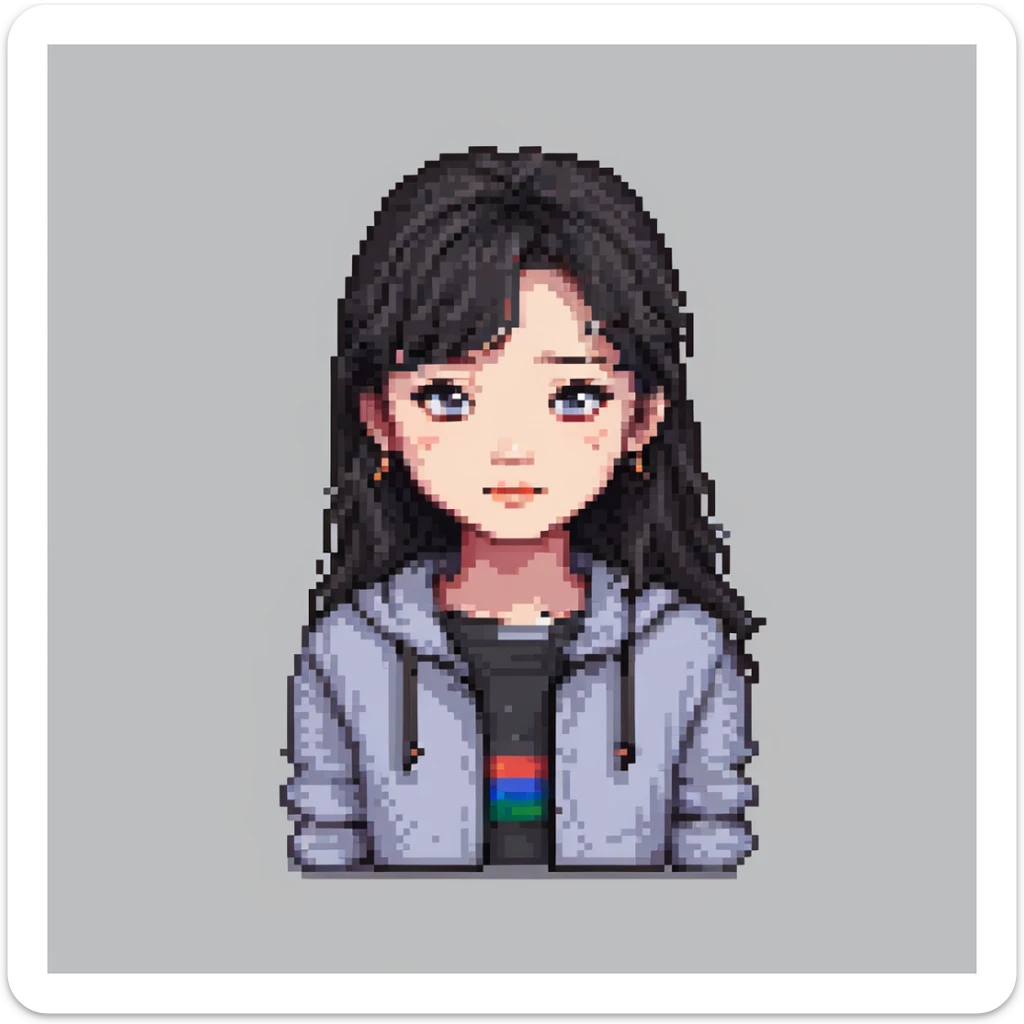 pixel art of a Korean teenage girl, age 17, casual modern outfit, cute expression sticker