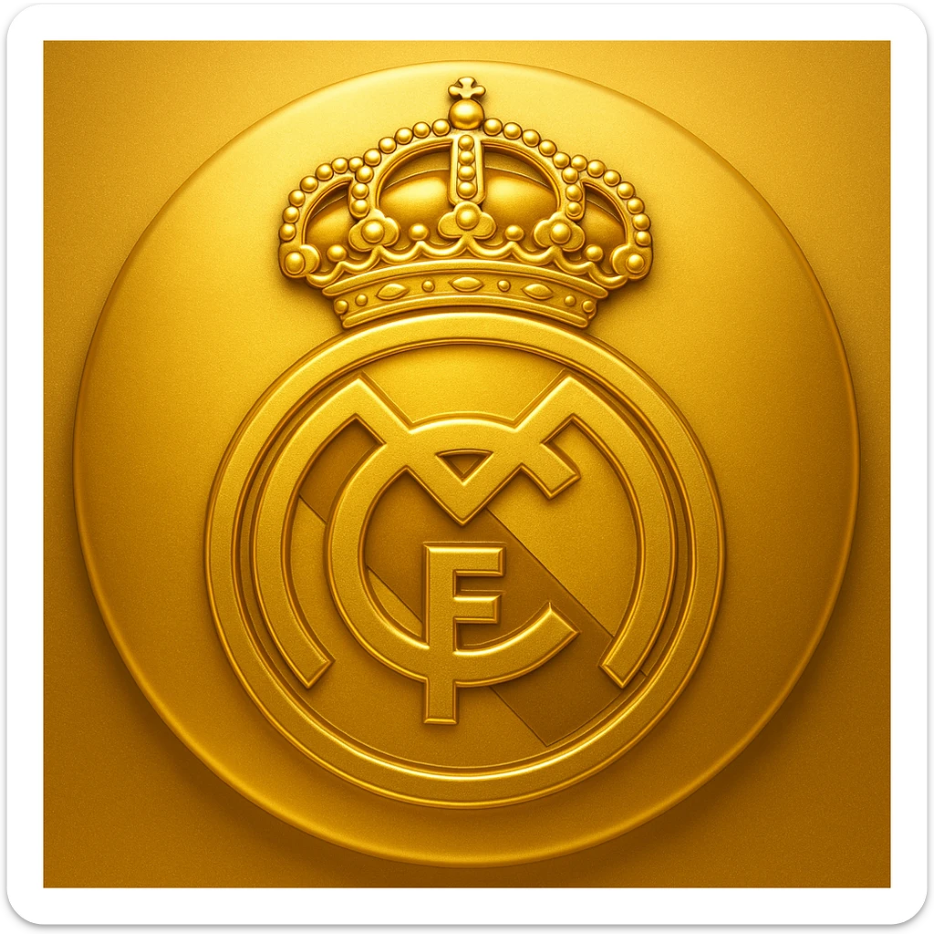 Add a luxurious golden effect to the Real Madrid logo in an emoji style. The style should reflect the look of emoji art with a focus on golden luxury. sticker