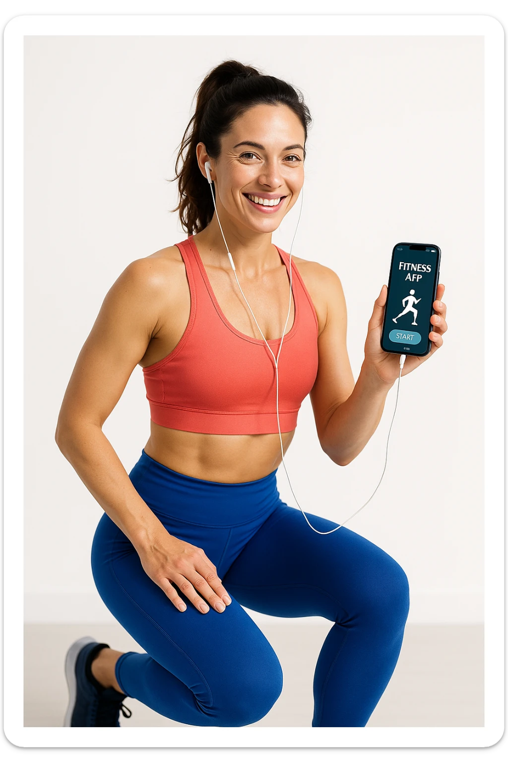 donna su sfondo isolato che fa workout tramite app fitness. in italiano sticker