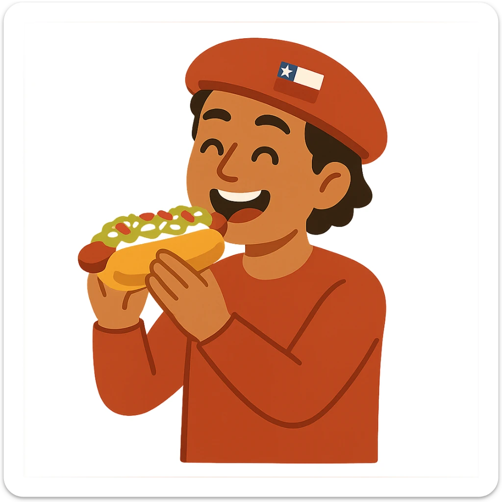 flat toon style of a Chilean person happily eating a completo hot dog sticker