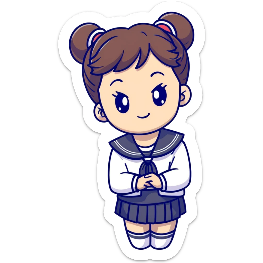 Ultra cute Japanese schoolgirl with high odango bun hairstyle wearing Japanese school uniform with sailor collar sticker
