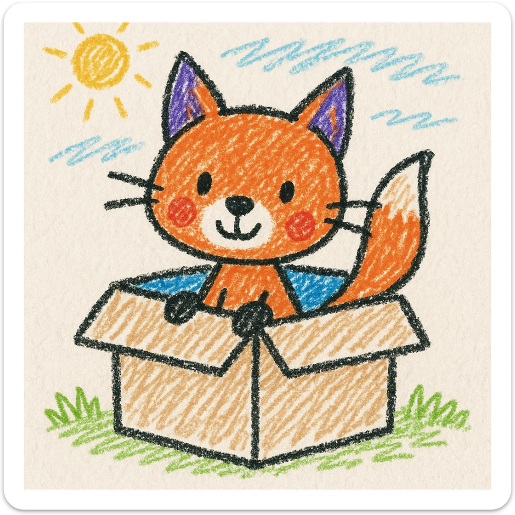 cute fox sitting in a cardboard box with playful expression, kids toy aesthetic, fox peeking out of the box sticker